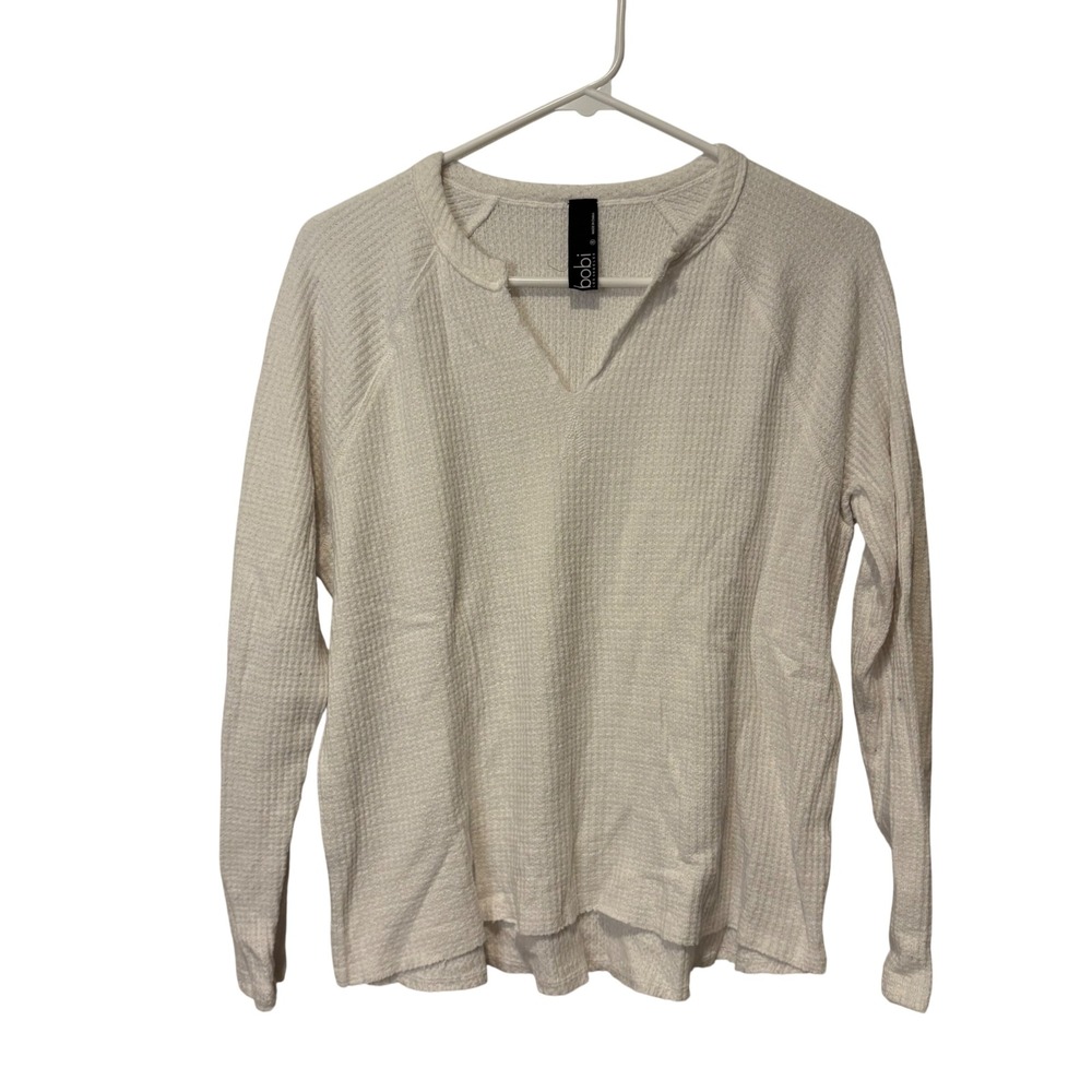 Bobi Los Angeles Waffle Knit Thermal Women Small White Notched V-Neck Raglan Top